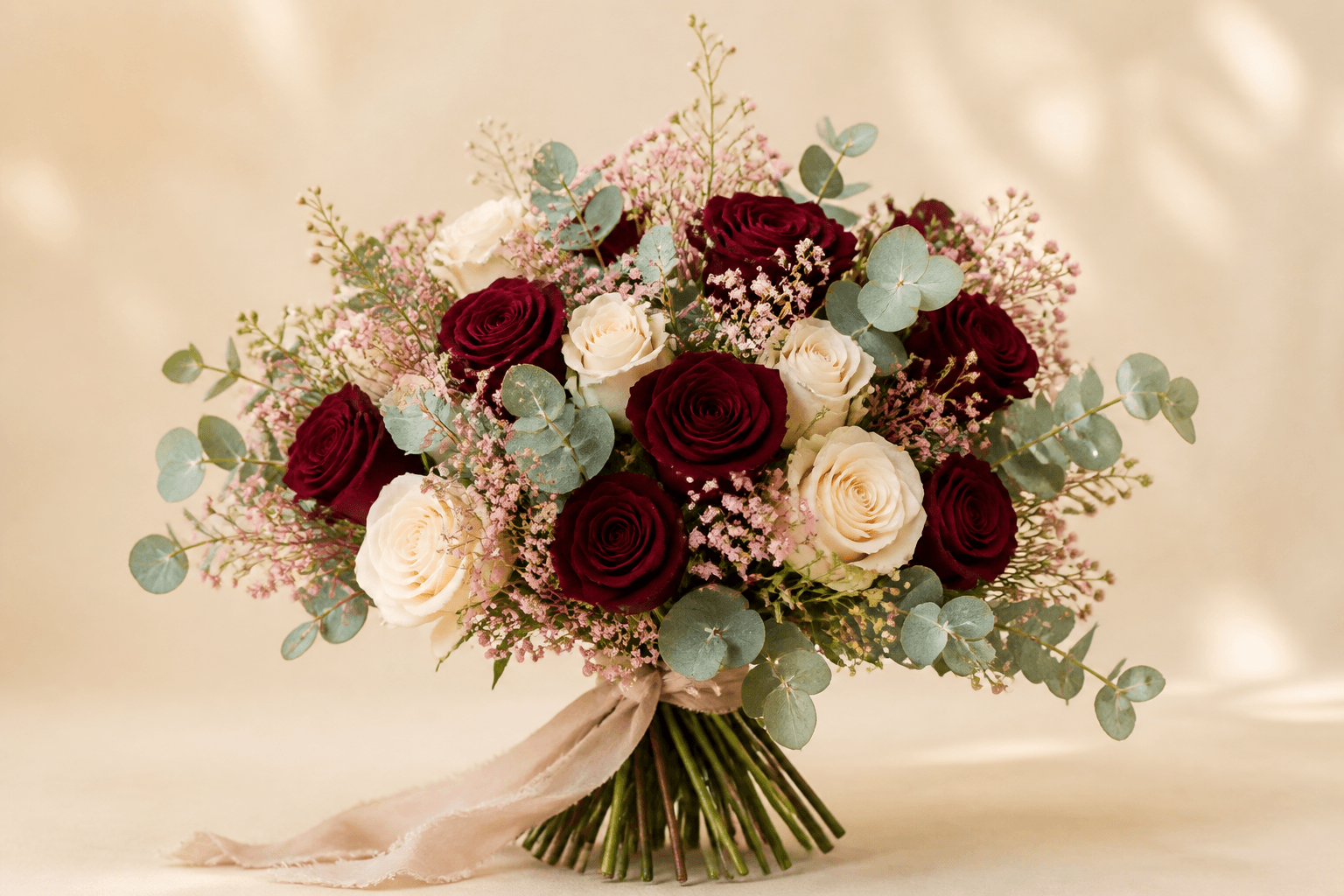 Premium maroon and cream floral bouquet arrangement by Flowers In Action Lahore